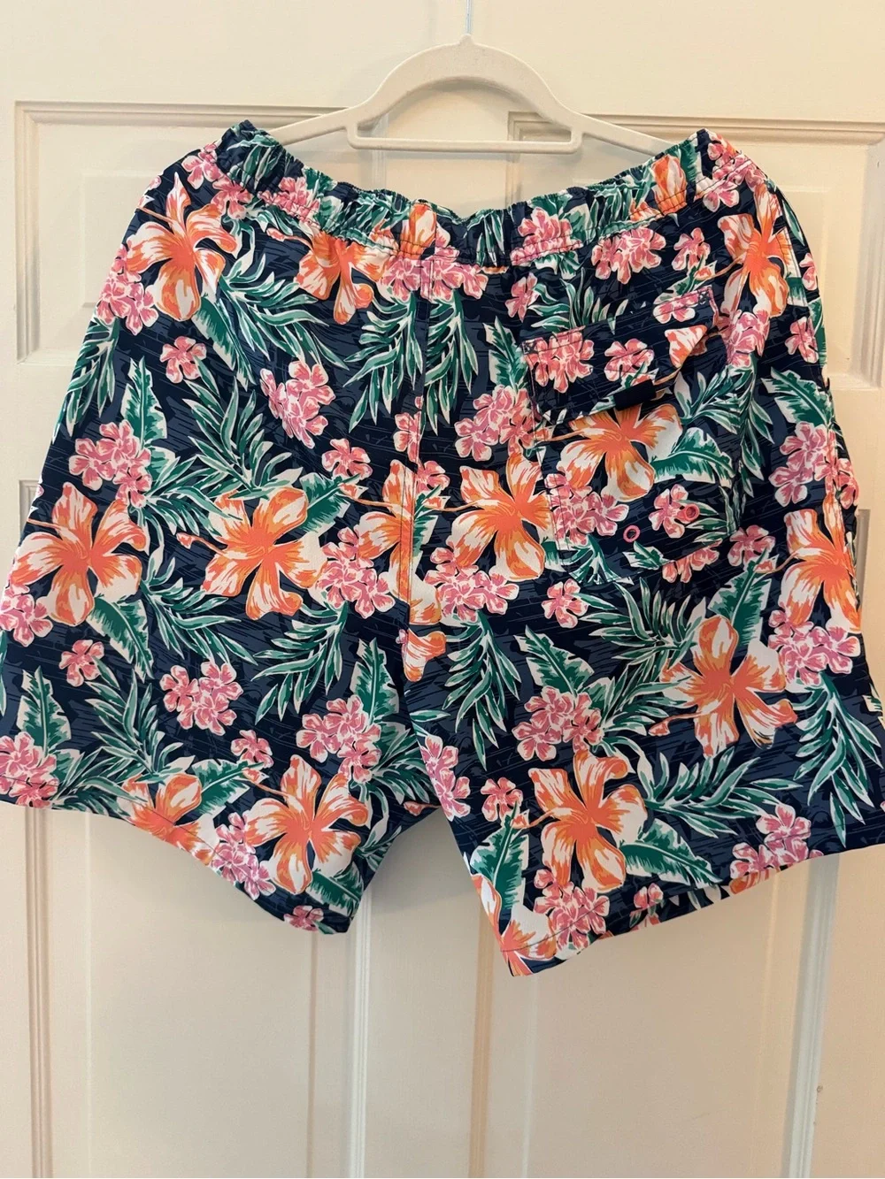 Vineyard Vines Navy Floral Swim Trunks with Orange & Pink Blooms